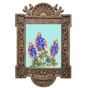 Blue Hill Country — bluebonnet painting as an art print by Betsy Crum in a carved wood frame