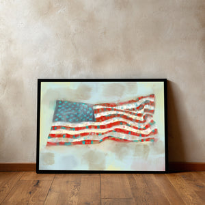 American flag art print by Betsy Crum shown in a horizontal frame, classic preppy Americana