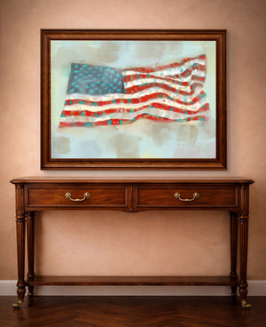Painterly American flag print by Betsy Crum framed horizontally, patriotic wall art