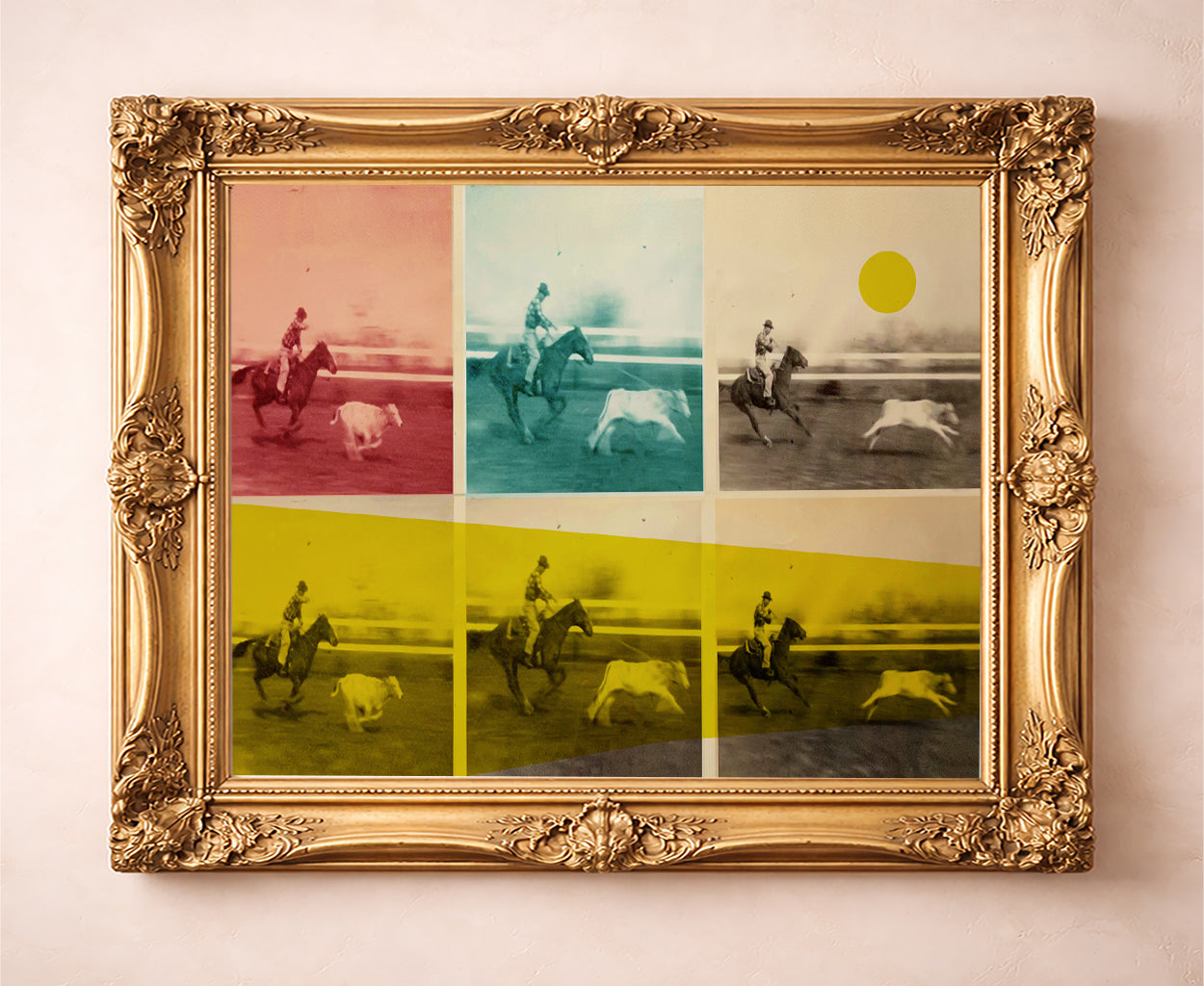 Steer tripping JY Crum rodeo art print by Carl Crum in a gold frame