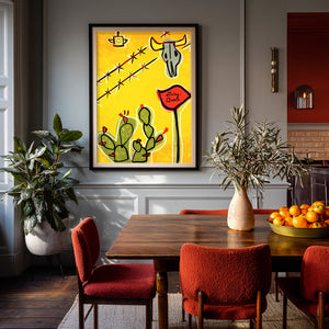 Cactus Art Print – Cosmic Prickly Pear and  Dairy Queen Cow Skull Western Wall Art | Betsy Crum