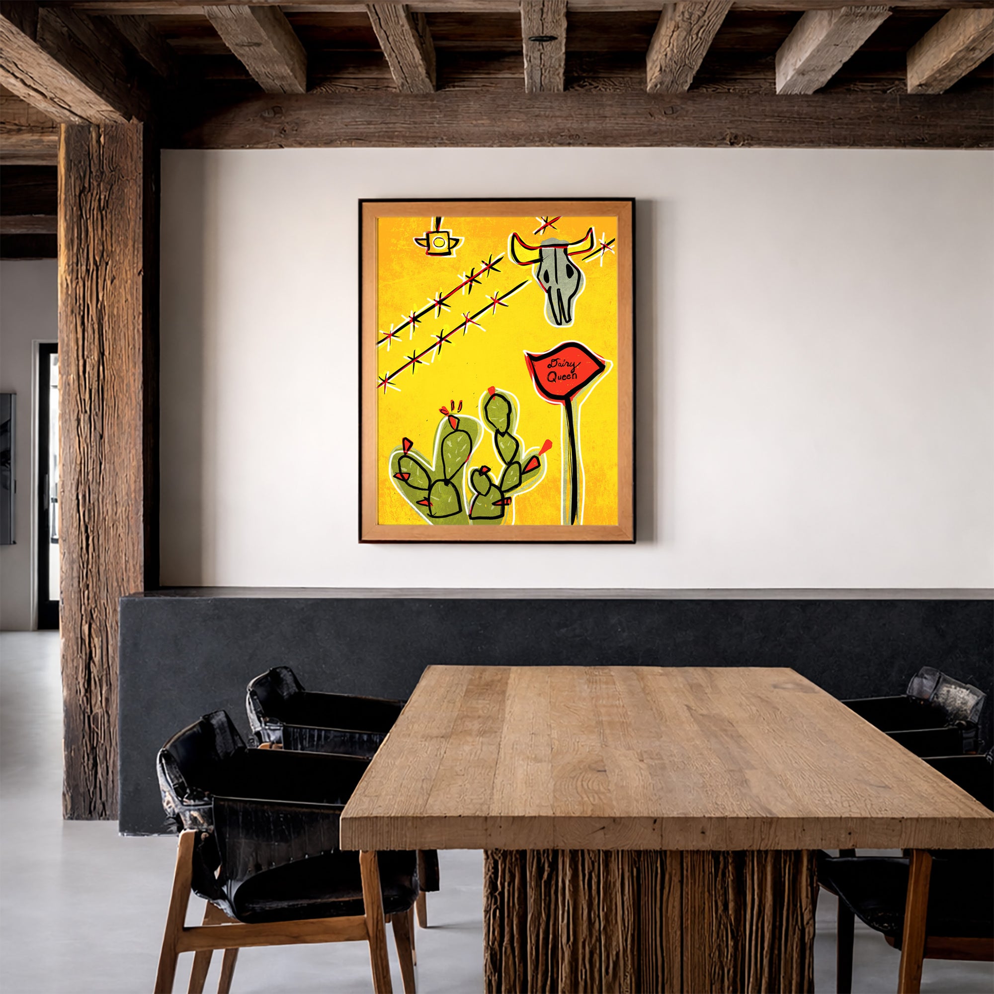 Cactus Art Print – Cosmic Prickly Pear and  Dairy Queen Cow Skull Western Wall Art | Betsy Crum