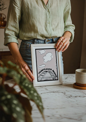 Pennybacker 360 Bridge Austin print by Betsy Crum — neutral frame room mockup