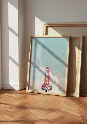 Alamo Drafthouse Austin Art print by Betsy Crum — neutral frame room mockup