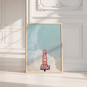 Alamo Drafthouse Austin Art print by Betsy Crum — neutral frame room mockup