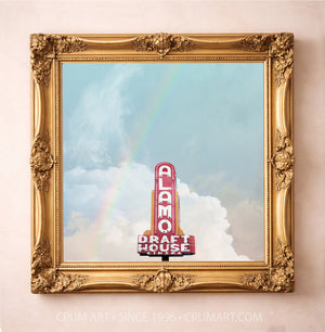 Alamo Drafthouse Print art print in a gold frame by Betsy Crum — square austin art from Crum Art, available at crumart.com. This museum quality print is made right here in Texas.
