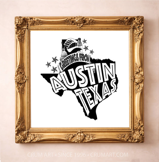 Greetings From Austin — Austin art print by Carl Crum in a square gold frame