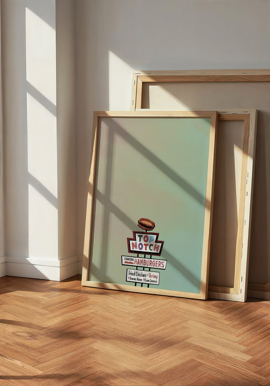 Top Notch Hamburgers Sign Austin art print by Betsy Crum — neutral frame room mockup