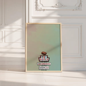 Top Notch Hamburgers Sign Austin art print by Betsy Crum — neutral frame room mockup