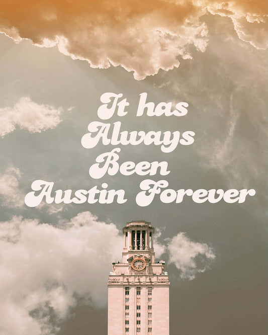 Austin skyline UT art print with vintage tower and clouds, Texas wall art by Betsy Crum