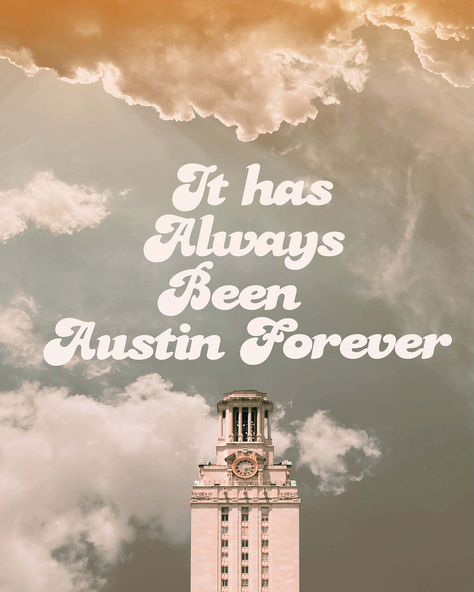Austin Skyline Ut art print with vintage text and cloudy sky background