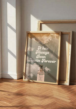 Austin Forever Tower Austin Art print by Betsy Crum — neutral frame room mockup