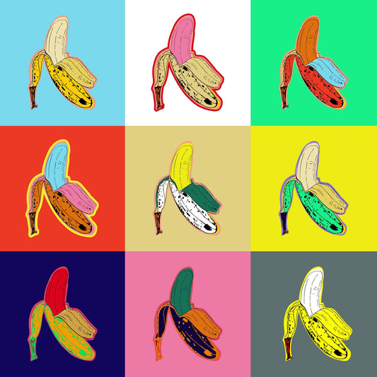 Banana Warholbananas colorful pop art print by Betsy Crum with nine vibrant banana illustrations on different backgrounds
