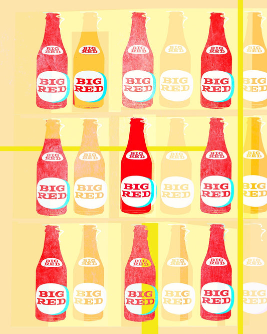 Big Red Warhol art print featuring colorful Big Red soda bottles in pop art style by Betsy Crum