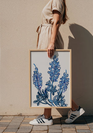 Chinoiserie Line bluebonnet art print by Betsy Crum — framed with velvet mat
