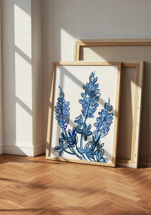 Chinoiserie Line bluebonnet art print by Betsy Crum — neutral frame room mockup