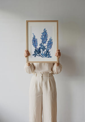 Chinoiserie Line bluebonnet art print by Betsy Crum — framed with velvet mat