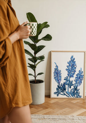 Chinoiserie Line bluebonnet art print by Betsy Crum — framed with velvet mat