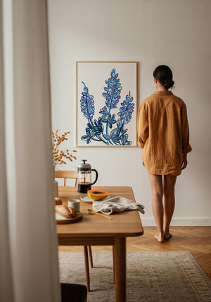 Chinoiserie Line bluebonnet art print by Betsy Crum — framed with velvet mat