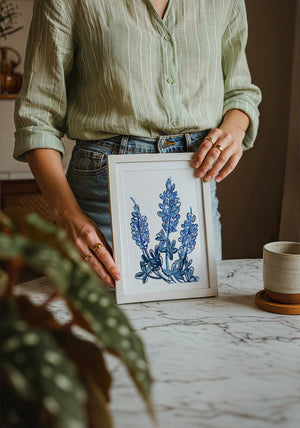Chinoiserie Line bluebonnet art print by Betsy Crum — neutral frame room mockup