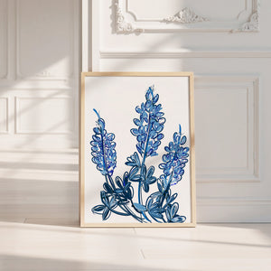 Chinoiserie Line bluebonnet art print by Betsy Crum — neutral frame room mockup