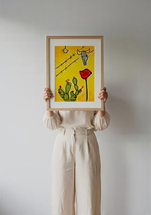 Dairy Queen Prickly Pear & Cow Skull cactus art print by Betsy Crum — framed with velvet mat