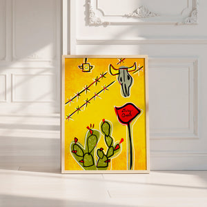 Dairy Queen Prickly Pear & Cow Skull cactus art print by Betsy Crum — neutral frame room mockup