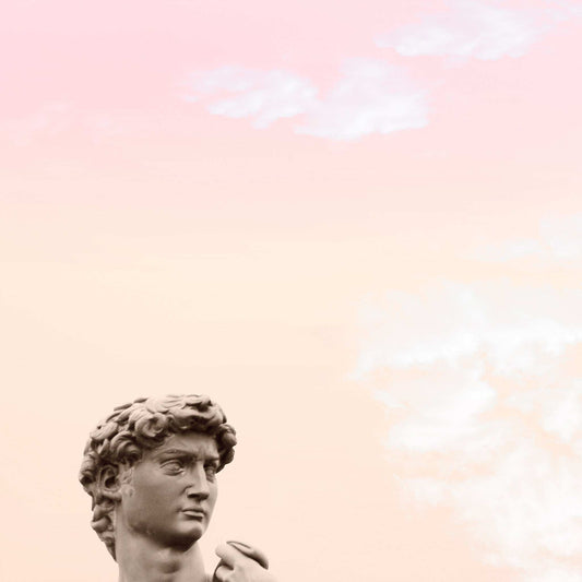 David Statue Sky Art Print with soft pink sky background by Betsy Crum, archival giclée on cotton rag paper, modern wall art by Crum Art Texas
