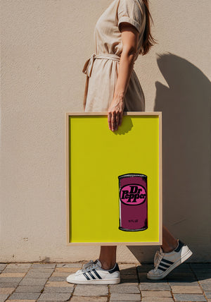 Pop of Yellow Dr Pepper art print by Betsy Crum — framed with velvet mat