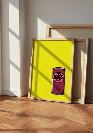 Pop of Yellow Dr Pepper art print by Betsy Crum — neutral frame room mockup