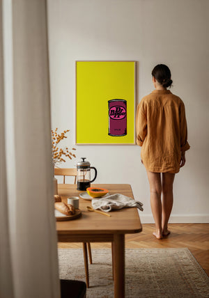 Pop of Yellow Dr Pepper art print by Betsy Crum — framed with velvet mat