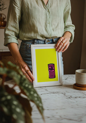 Pop of Yellow Dr Pepper art print by Betsy Crum — neutral frame room mockup