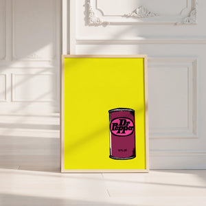 Pop of Yellow Dr Pepper art print by Betsy Crum — neutral frame room mockup