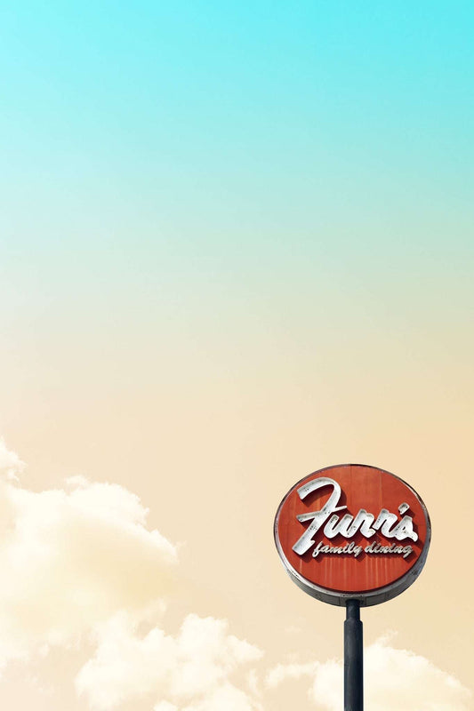 Fort Worth Furr Art Print featuring vintage Furr's family dining sign against a gradient sky background on archival cotton rag paper