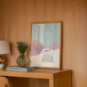 Joy Floral Camp Bowie Fort Worth art print by Betsy Crum — framed in a wood-accent room