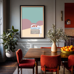 Fort Worth wall art Joy Floral neon sign print by Betsy Crum in a dining room