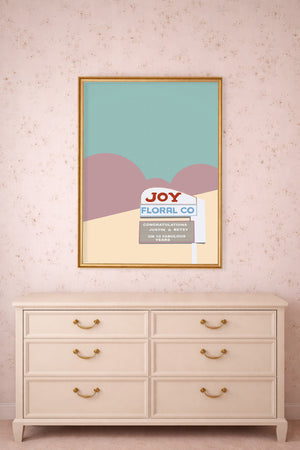 Fort Worth wall art Joy Floral neon sign print by Betsy Crum above a dresser
