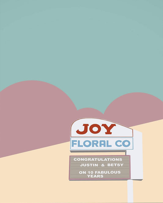 Fort Worth Joy Art Print by Betsy Crum featuring Floral Co sign with congratulatory message in modern colorful design on cotton rag paper