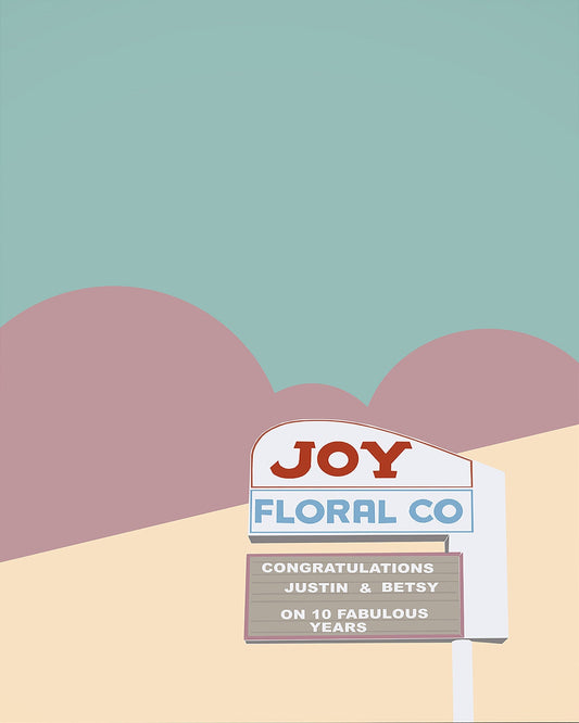 Fort Worth Joy art print featuring floral company sign with congratulatory message on pastel background