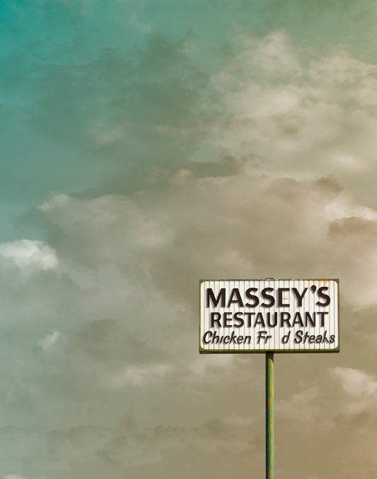 Fort Worth Roadside art print of Massey's Restaurant sign under a cloudy sky by Betsy Crum