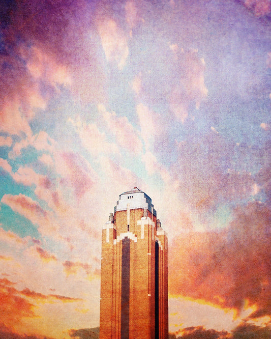 Fort Worth Will art print by CRUM ART featuring a tall building under a colorful sky