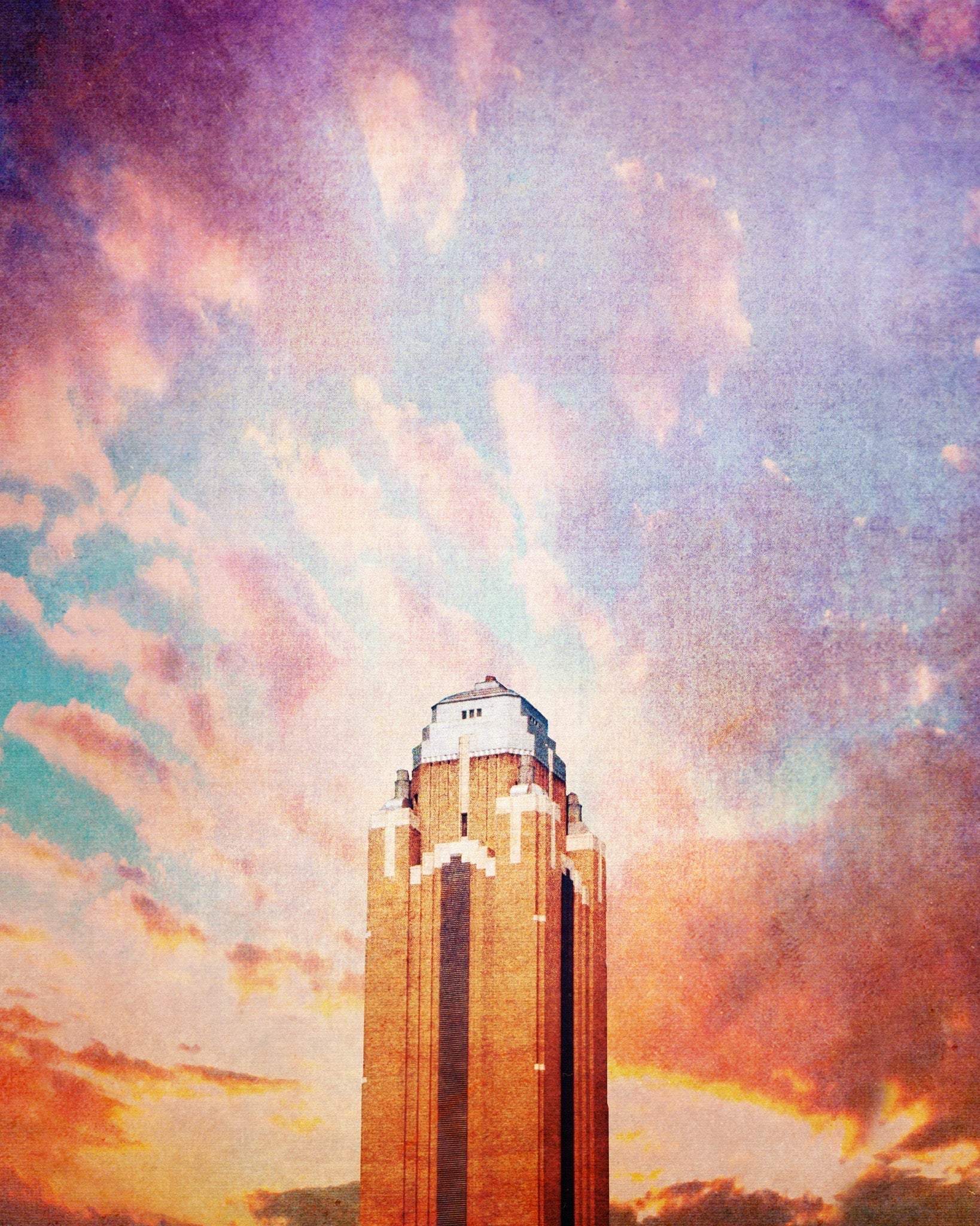 Fort Worth Will Rogers Art Print by Betsy Crum featuring iconic Texas building with vibrant sunset sky background on archival cotton rag paper