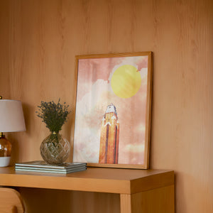 Will Rogers Sun americana art print by Betsy Crum — framed in a wood-accent room