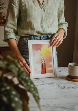 Will Rogers Sun americana art print by Betsy Crum — neutral frame room mockup