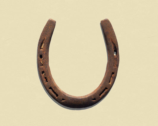 Seshoe Art Print by Betsy Crum, rusty horseshoe on beige background, modern wall art by Crum Art