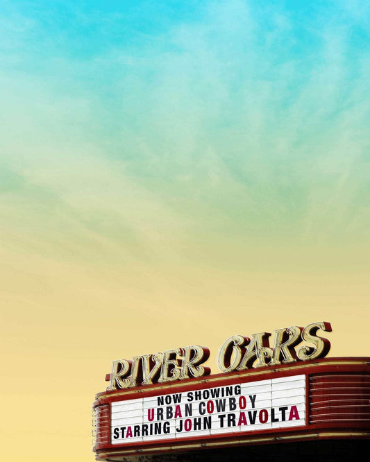 Houston River Oaks Theater Art Print showing vintage theater marquee with movie title and star on clear sky background