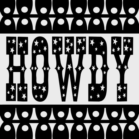 Howdy Black White Art Print with star-patterned letters and geometric border, Texas wall art by Betsy Crum on cotton rag paper