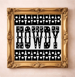 Howdy Print Minimalist B&W in a gold frame by Betsy Crum — square Texas wall art available at crumart.com. This museum quality print is made right here in Texas.