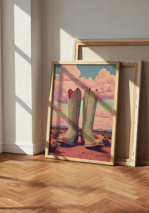 Marfa Boots cowboy boot print by Betsy Crum — neutral frame room mockup
