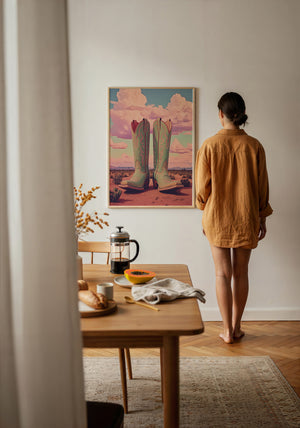 Marfa Boots cowboy boot print by Betsy Crum — framed with velvet mat
